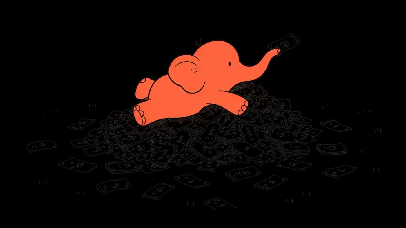 Illustration of an elephant beside a pile of money